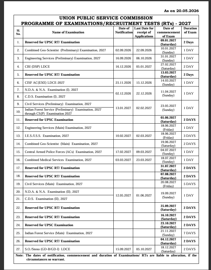UPSC Exam Calendar